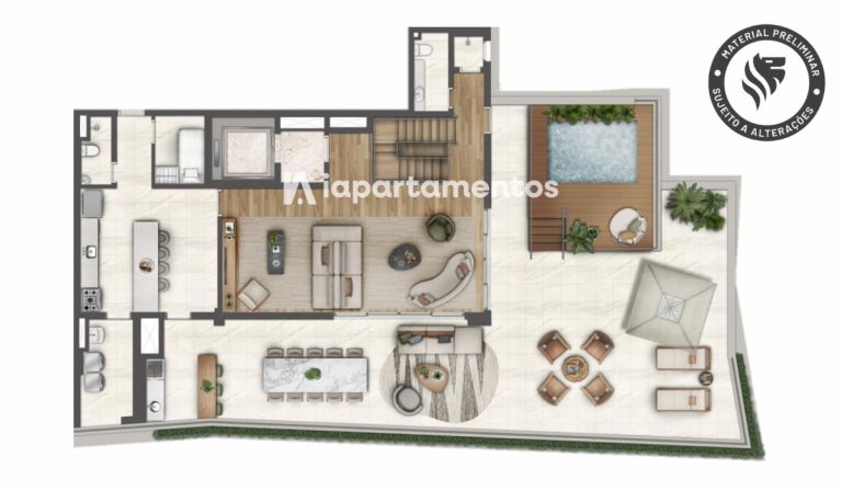 Planta do piso superior da cobertura duplex de 512&nbsp;m², 41º pavimento, final 1. Sugestão de decoração, imagem ilustrativa.