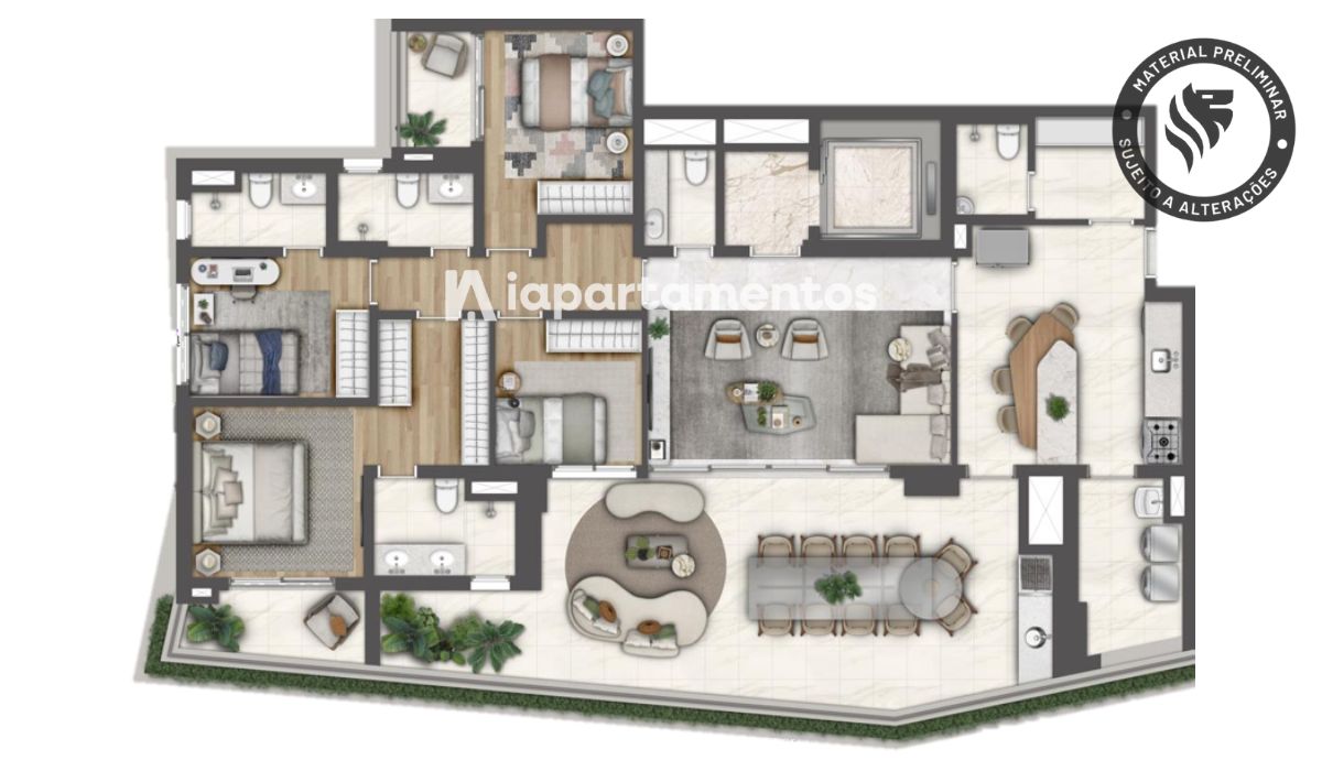 Planta-tipo de 190&nbsp;m², final 3, com 4 dormitórios, sendo 2 suítes. Sugestão de decoração, imagem ilustrativa.