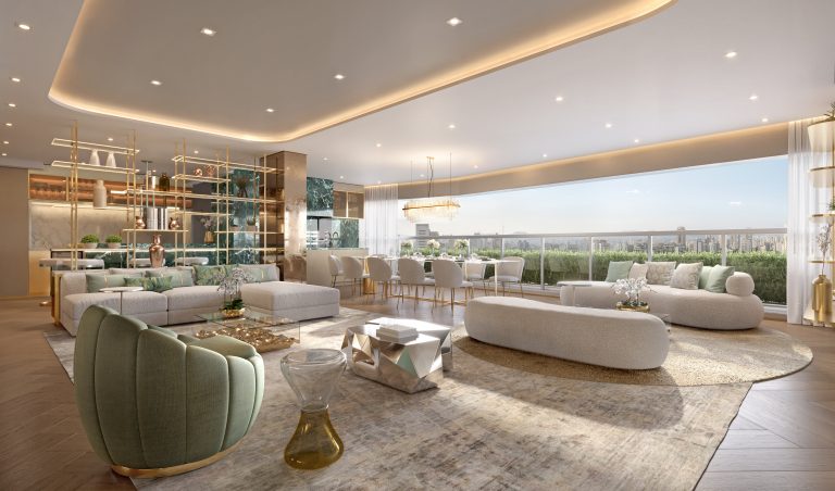 Living decorado da planta de 190&nbsp;m². Perspectiva ilustrada.