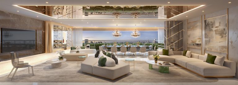 Living decorado da planta de 258&nbsp;m². Perspectiva ilustrada.